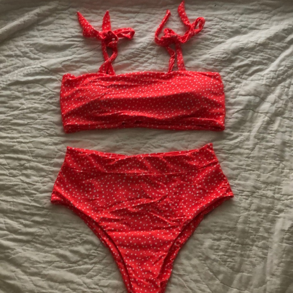 Never-worn coral polka dot high-waist bikini